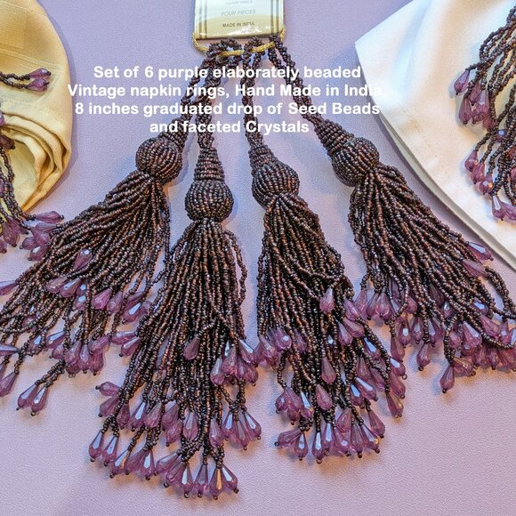 Set of 6 purple lushly beaded VTG napkin rings, Hand Made in India, 8" length - Picture 15 of 15